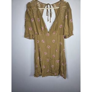 Free People Mustard Floral Mini Dress Lace Open Back Boho Festival Deep V Women